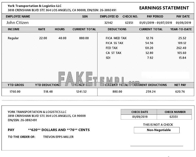 USA YORK Transportation & Logistics LLC fake earnings statement Word and PDF template